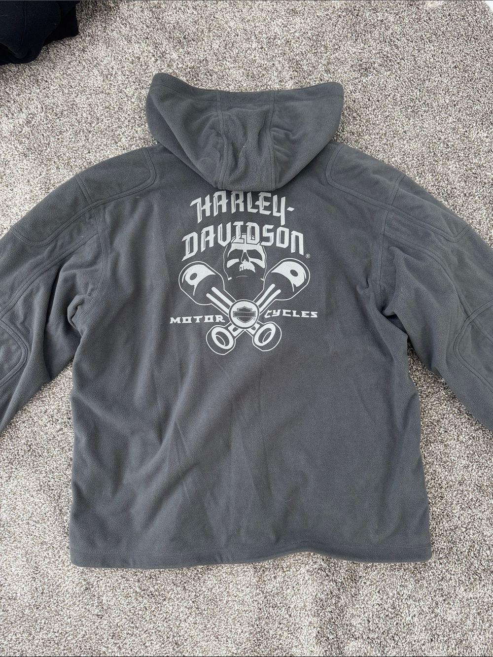 Harley-Davidson Gray Hooded Fleece Jacket with White Skull & Pistons Graphic